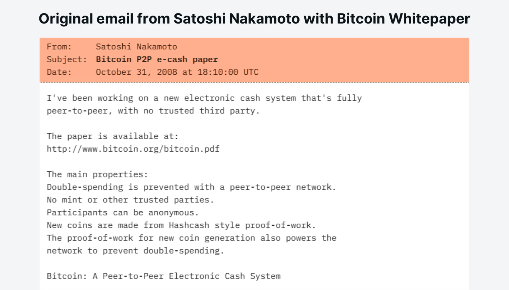 Original email from Satoshi Nakamoto with Bitcoin Whitepaper